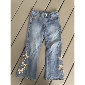 SO Girls Jeans Size 8 Blue Embroidered Butterflies Floral Flare Y2K 90s Retro